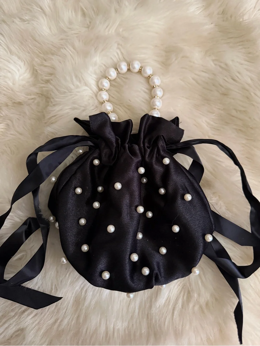 Pearl-Handle Black Satin Drawstring Satchel